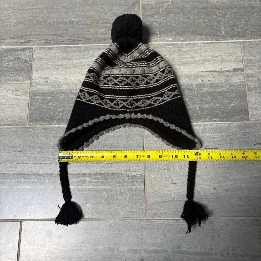 J.Crew Wool Knit Tassel Pom Pom Hat with Ear Flaps Black/Gray One Size
